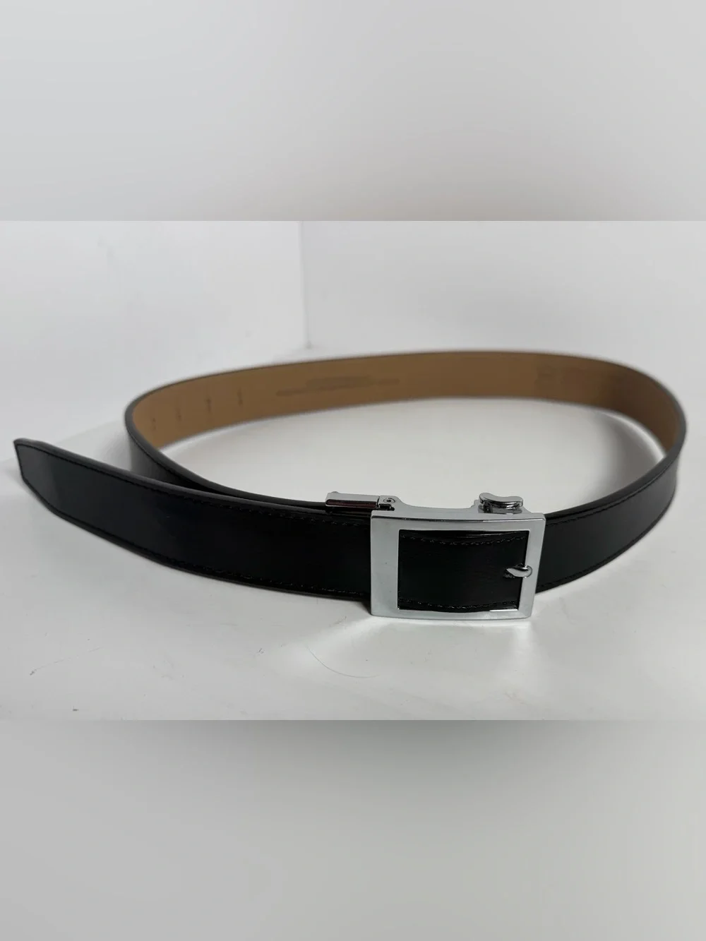 Men's Black Leather Belt with Polished Silver Buckle